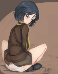 Rule 34 | 1girl, angry, artist name, ass, bad id, bad pixiv id, bandaid, bandaid on face, black hair, blue eyes, brave witches, brown background, brown jacket, butt crack, closed mouth, fang, from behind, frown, full body, highres, indian style, jacket, kanno naoe, looking at viewer, looking back, military, military uniform, momendoufu, no pants, panties, scarf, short hair, signature, sitting, solo, striped clothes, striped scarf, underwear, uniform, v-shaped eyebrows, white panties, world witches series