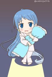 Rule 34 | 10s, 1girl, absurdly long hair, blue eyes, blue hair, chibi, flying sweatdrops, gradient hair, highres, holding, holding pillow, kantai collection, long hair, mae (maesanpicture), matching hair/eyes, multicolored hair, hugging object, pajamas, pillow, pillow hug, samidare (kancolle), solo, tears, twitter username, very long hair