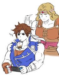 Rule 34 | 2boys, blonde hair, blue coat, brown hair, bubble tea, bubble tea challenge, castlevania (series), chop, circlet, coat, drink, drinking, drinking straw, male focus, meme, multiple boys, nintendo, nintendo switch, object on pectorals, pectorals, playing games, richter belmont, simon belmont, simple background, super smash bros., torn clothes, torn sleeves, white background