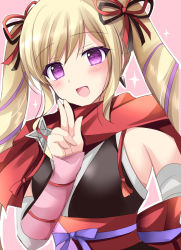 Rule 34 | 1girl, black kimono, black ribbon, blonde hair, blush, commentary request, detached sleeves, drill hair, earrings, elise (fire emblem), fire emblem, fire emblem fates, fire emblem heroes, hair ribbon, japanese clothes, jewelry, kimono, kirishima riona, kuji-in, long hair, looking at viewer, multicolored hair, ninja, nintendo, obi, official alternate costume, open mouth, pink background, purple eyes, purple hair, red ribbon, red scarf, ribbon, sash, scarf, sidelocks, simple background, sleeveless, sleeveless kimono, smile, solo, streaked hair, tongue, twin drills, twintails, two-tone hair, upper body, very long hair