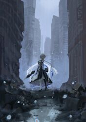 Rule 34 | 1girl, absurdres, arknights, asymmetrical legwear, bag, black footwear, black thighhighs, book, building, closed eyes, closed mouth, dress, eyepatch, gloves, grey hair, highres, holding, holding book, holding umbrella, layered dress, long hair, mismatched legwear, nurse, outdoors, ruins, shirt, shoes, sleeveless, sleeveless shirt, smile, solo, standing, thighhighs, umbrella, very long hair, whisperain (arknights), white background, white gloves, yakupan