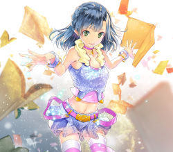 Rule 34 | 10s, 1girl, bare shoulders, belt, black hair, book, bracelet, braid, choker, french braid, green eyes, idolmaster, idolmaster million live!, jewelry, looking at viewer, lots of jewelry, midriff, nanao yuriko, navel, open book, short hair, solo, sparkle, striped clothes, striped thighhighs, thighhighs, yae (mono110)