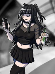 Rule 34 | 1girl, alternate costume, black choker, black eyeliner, black eyes, black hair, black lips, black nails, black skirt, black thighhighs, blunt bangs, breasts, cellphone, choker, cleavage, closed mouth, commentary, contemporary, crop top, cup, disposable cup, drink, drinking straw, english commentary, eyeliner, fingernails, fire emblem, fire emblem awakening, goth fashion, grey outline, groin, highres, holding, holding cup, holding phone, large breasts, looking at phone, makeup, midriff, miniskirt, mnejing30, nail polish, navel, nintendo, outline, phone, pleated skirt, skirt, smartphone, solo, starbucks, tharja (fire emblem), thighhighs, two side up, walking, zettai ryouiki