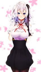Rule 34 | 10s, 1girl, alternate costume, blue eyes, commentary, cosplay, dagashi kashi, dress, floral background, flower, hair flower, hair ornament, hands on own chest, highres, kantai collection, kashima (kancolle), magai akashi, nail polish, pantyhose, shidare hotaru, shidare hotaru (cosplay), silver hair, solo, twintails
