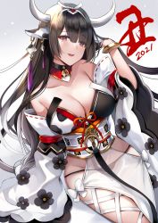 Rule 34 | 1girl, 2021, animal ears, animal print, aoi (kirabosi105), bare shoulders, black hair, breasts, cleavage, collarbone, cow ears, cow horns, cow print, cow tail, detached sleeves, highres, horns, japanese clothes, kimono, large breasts, long hair, long sleeves, looking at viewer, open mouth, original, purple eyes, sitting, smile, tail, thighs, very long hair, wide sleeves