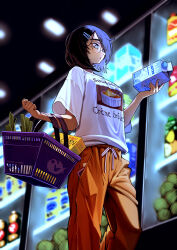 Rule 34 | 1girl, absurdres, bag, baggy clothes, black hair, blue eyes, breasts, casual, cereal box, clip studio paint (medium), commentary request, drawstring, eudetenis, eyebrow piercing, food, french text, glasses, groceries, hair ornament, hair over one eye, hairclip, highres, holding, kellogg&#039;s, medium breasts, messy hair, milk carton, orange pants, original, pants, phone in pocket, piercing, print shirt, product placement, rimless eyewear, shirt, shopping bag, short hair, solo, supermarket, sweatpants, t-shirt, tented shirt, vegetable, w arms