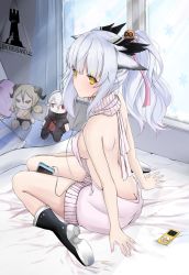 Rule 34 | 1girl, animal ears, arknights, ass, back, between legs, blush, boots, breasts, butt crack, cellphone, closed mouth, digital media player, earphones, feather hair, hair ribbon, highres, ifrit (arknights), ipod, kaminarichyan, looking at viewer, medium breasts, meme attire, owl ears, phone, pillow, ptilopsis (arknights), rhodes island logo (arknights), ribbon, sideboob, silver hair, smartphone, solo, stuffed toy, sweater, virgin killer sweater, warfarin (arknights), window, yellow eyes