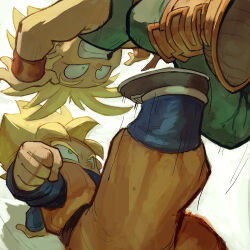 2boys battle blonde_hair blue_footwear blue_shirt boots child clenched_hand clenched_teeth dodging dougi dragon_ball dragonball_z garrett_hanna green_eyes green_pants green_shirt hand_on_ground kicking male_focus multiple_boys orange_pants orange_shirt pants red_wristband shadow shirt sleeveless sleeveless_shirt son_goten spiked_hair super_saiyan super_saiyan_1 teeth trunks_(dragon_ball) wide-eyed