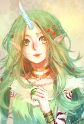 Rule 34 | 10s, 1girl, 2016, bracelet, dryad soraka, gem, green hair, highres, horns, jewelry, jifeiguizo, league of legends, long hair, looking at viewer, neck ring, pointy ears, signature, single horn, smile, solo, soraka (league of legends), tattoo, upper body, yellow eyes