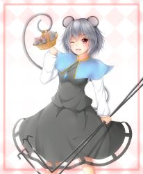 Rule 34 | &gt; o, 1girl, ;d, akatsuki no usagi, animal, animal ears, arm up, basket, blue capelet, bob cut, border, capelet, checkered background, clenched hand, commentary request, cowboy shot, dowsing rod, gradient background, grey hair, grey skirt, grey vest, highres, holding rod, jewelry, legs apart, long sleeves, looking at viewer, mouse (animal), mouse ears, mouse tail, nazrin, one eye closed, open mouth, pendant, pink border, red eyes, shirt, short hair, skirt, skirt set, smile, solo, standing, tail, touhou, vest, white shirt
