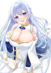 Rule 34 | 1girl, :d, absurdres, arm support, azur lane, blue cape, blue eyes, blue gemstone, blue hair, braid, breasts, brooch, buttons, cape, cleavage, collared dress, detached sleeves, dot nose, dress, floating hair, from above, gem, gold trim, hair between eyes, hair intakes, half updo, hand on own chest, head tilt, highres, jewelry, large breasts, light blue hair, light blush, long hair, looking at viewer, open mouth, rodney (azur lane), short dress, simple background, sitting, sleeve cuffs, sleeveless, sleeveless dress, smile, thighhighs, tsuri pi, wariza, white background, white dress, white thighhighs