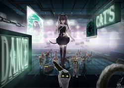 Rule 34 | 1girl, = =, ^ ^, absurdres, animal ears, bare shoulders, cat, cat ears, chain, closed eyes, english text, closed eyes, full body, fur, glowing, glowing eyes, goggles, highres, industrial pipe, lepus, leung lik hang, long hair, looking at viewer, original, refection, reflection, ribbon, sign, signature, tail, thighhighs, too many, too many cats, walking, yellow eyes