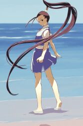 Rule 34 | 1girl, antenna hair, barefoot, beach, brown hair, commentary request, from behind, hair pulled back, high ponytail, highres, ibuki (street fighter), long hair, looking at viewer, looking back, ocean, outdoors, pleated skirt, ponytail, sand, school uniform, shore, short sleeves, signature, skirt, solo, street fighter, very long hair, vest, water, yuenibushi