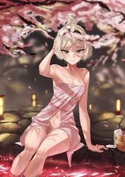 Rule 34 | 1girl, absurdres, an-94 (girls&#039; frontline), bare legs, bare shoulders, bathrobe, blonde hair, blue eyes, blush, breasts, cherry blossoms, cleavage, closed mouth, collarbone, girls&#039; frontline, hairband, hand on floor, hand on own head, highres, kimi (hearty yuuki), lamp, lips, medium hair, navel, onsen, petals, platinum blonde hair, sitting, small breasts, smile, solo, towel, water, water drop
