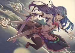 Rule 34 | 1girl, black thighhighs, blue bow, blue hair, blue skirt, bow, bowtie, brown footwear, cloud, cloudy sky, commentary request, day, dress shirt, floating hair, frills, full body, hinanawi tenshi, holding, holding sword, holding weapon, long hair, ooru (t20nozomu), open mouth, outdoors, outstretched arms, rainbow order, red bow, red bowtie, red eyes, shirt, shoes, short sleeves, skirt, sky, solo, sword, thighhighs, touhou, weapon, white shirt, wristband