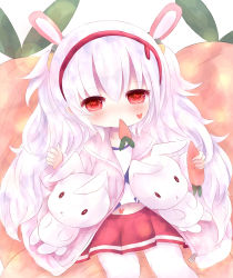 Rule 34 | 1girl, :x, animal ears, azur lane, blush, camisole, carrying, commentary request, facial mark, food, food in mouth, hair between eyes, hair ornament, hairband, hands up, heart, heart-shaped pupils, highres, holding, holding food, jacket, laffey (azur lane), long hair, long sleeves, midriff peek, miko (no1122334455a), mouth hold, navel, pantyhose, pink jacket, pleated skirt, rabbit ears, red eyes, red hairband, red skirt, sitting, sketch, skirt, sleeves past wrists, solo, stuffed animal, stuffed rabbit, stuffed toy, symbol-shaped pupils, very long hair, white background, white camisole, white pantyhose