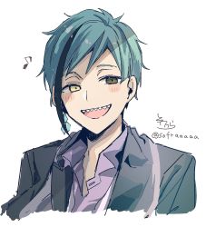 Rule 34 | 1boy, :d, black hair, black jacket, blue hair, blush stickers, brown eyes, collared shirt, cropped torso, eighth note, floyd leech, heterochromia, highres, jacket, male focus, multicolored hair, musical note, open clothes, open jacket, open mouth, purple shirt, sharp teeth, shirt, signature, simple background, smile, sofra, solo, streaked hair, teeth, twisted wonderland, twitter username, upper body, white background, yellow eyes