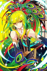 Rule 34 | 1boy, androgynous, detached sleeves, eyeliner, feathers, green hair, long hair, looking to the side, male focus, official art, peacock (saibai shounen), peacock feathers, red eyeliner, saibai shounen, shirt, sleeveless, sleeveless shirt, suisan shijou, yellow eyes