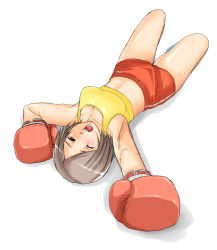 Rule 34 | 1girl, blush, boxing, boxing gloves, brown hair, love upper, lying, midriff, on back, one eye closed, open mouth, short hair, shorts, solo, source request, sports bra, sportswear, sweat, teeth, test (artist), white background