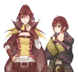 Rule 34 | 2girls, ahoge, anna (fire emblem), book, cloak, fire emblem, fire emblem awakening, holding, holding book, morgan (female) (fire emblem), morgan (fire emblem), multiple girls, nintendo, no-shio, one eye closed, red hair, simple background, smile, white background