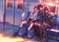 Rule 34 | 3girls, absurdres, bag, blazer, blush, bow, brown hair, buttons, cellphone, closed mouth, clothes around waist, girl sandwich, hair ornament, holding hands, hanikami kanojo, highres, holding, huge filesize, jacket, loafers, long hair, multiple girls, open mouth, pantyhose, phone, piromizu, pleated skirt, sandwiched, school bag, school uniform, shirt, shoes, simple background, sitting, skirt, sleeping, socks, sweater, sweater around waist, thighhighs, x hair ornament, zettai ryouiki