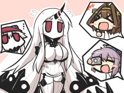 Rule 34 | &gt; &lt;, +++, ..., 10s, abyssal ship, ahoge, aoba (kancolle), blush, blush stickers, breasts, brown hair, camera, chibi, cleavage, covered mouth, dress, closed eyes, flying sweatdrops, garter straps, goma (gomasamune), horns, huge breasts, kantai collection, kongou (kancolle), large breasts, long hair, midway princess, multiple girls, purple hair, red eyes, ribbed dress, seaport water oni, short dress, single horn, thighhighs, thumbs up, translation request, very long hair, white hair, zettai ryouiki