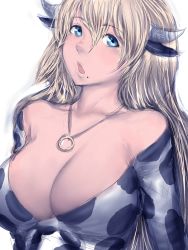 Rule 34 | 1girl, :o, animal ears, animal print, bare shoulders, blonde hair, blue eyes, breasts, chestnut mouth, cleavage, collarbone, cow ears, cow girl, cow horns, cow print, front-tie top, fumio (rsqkr), hair between eyes, horns, huge breasts, jewelry, large breasts, long hair, long sleeves, looking at viewer, mole, mole under mouth, necklace, off shoulder, open mouth, simple background, sketch, solo, upper body, very long hair, white background