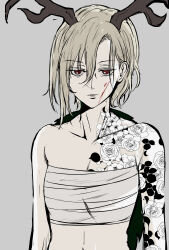 Rule 34 | 1girl, bandages, bare shoulders, blonde hair, chest sarashi, commentary request, cuts, flat chest, floral print, grey background, hair between eyes, highres, horns, injury, kicchou yachie, looking at viewer, midriff, navel, red eyes, sarashi, short hair, simple background, solo, soregashi (nobuyoshi-numa2), stomach, strapless, tattoo, touhou, tube top, upper body