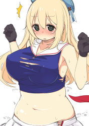 Rule 34 | 1girl, ^^^, atago (kancolle), black gloves, blonde hair, blue hat, blush, breasts, cleavage, cosplay, covered erect nipples, gloves, hat, kantai collection, large breasts, long hair, maya (kancolle) (cosplay), midriff, navel, nekoume, personification, plump, popped button, sketch, skirt, sleeveless, solo, torn clothes, undersized clothes
