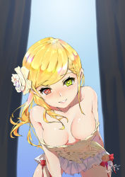 Rule 34 | 1girl, aduo, alternate hair length, alternate hairstyle, artist name, bare shoulders, blonde hair, blush, braid, breasts, charlotte (shironeko project), cowboy shot, dated, flower, green eyes, hair flower, hair ornament, heart, heart-shaped pupils, heterochromia, highres, leaning forward, long hair, looking at viewer, medium breasts, miniskirt, parted lips, pleated skirt, red eyes, shironeko project, skirt, solo, strapless, swept bangs, symbol-shaped pupils, tube top, white skirt