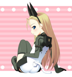 Rule 34 | 00s, 1girl, animal ears, antenna hair, arm support, ass, blonde hair, blue eyes, blush, boots, cable, elise von dietrich, fake animal ears, flat chest, from behind, frown, full body, gaou (babel), gloves, green footwear, green thighhighs, hairband, headgear, knees up, leaning, leotard, long hair, looking at viewer, looking back, motionslit, pilot suit, pink background, profile, sitting, sky girls, solo, striped, striped background, tail, thigh boots, thighhighs, turtleneck, very long hair