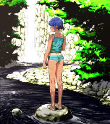 Rule 34 | 1girl, alternate costume, alternate hairstyle, ass, bare shoulders, blue eyes, blue hair, butt crack, camisole, casual, day, female focus, full body, highres, itou yuuji, kawashiro nitori, kneepits, looking at viewer, looking back, matching hair/eyes, no headwear, no headwear, no socks, outdoors, river, shoes, short hair, short ponytail, short shorts, shorts, sneakers, solo, standing, tan, tanline, touhou, water, waterfall, wedgie