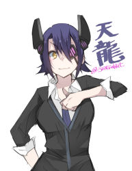 Rule 34 | 10s, 1girl, bad id, bad pixiv id, character name, eyepatch, headgear, jont, kantai collection, looking at viewer, necktie, purple hair, short hair, simple background, solo, standing, tenryuu (kancolle), twitter username, white background, yellow eyes