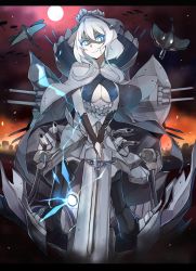 Rule 34 | &gt;:d, 10s, 1girl, :d, abyssal ship, blue eyes, breasts, colored skin, european princess, evil smile, glowing, glowing eyes, highres, holding, holding sword, holding weapon, ido (teketeke), kantai collection, large breasts, machinery, open mouth, shaded face, short hair, smile, solo, sword, thighhighs, turret, v-shaped eyebrows, weapon, white hair, white skin
