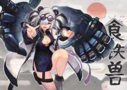 Rule 34 | 1girl, :d, absurdres, animal ears, arknights, baek hyang, bare legs, black dress, breasts, china dress, chinese clothes, cleavage, cleavage cutout, clothing cutout, commentary, dress, eyewear on head, fang, feater (arknights), gold trim, grey hair, hair over one eye, highres, huge filesize, jacket, knee up, long hair, long sleeves, looking at viewer, mechanical arms, medium breasts, multicolored hair, open mouth, orange eyes, outstretched arm, panda ears, shoes, side slit, sleeveless, sleeveless dress, smile, socks, solo, streaked hair, sunglasses on head, twintails, two-tone hair, white jacket