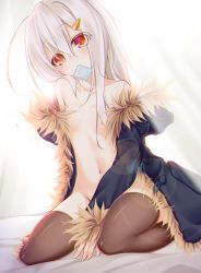 Rule 34 | 1girl, brown thighhighs, coat, condom, condom in mouth, flat chest, grey hair, hair between eyes, hair ornament, hairclip, head tilt, highres, lethe-shion, long hair, mouth hold, naked coat, nipples, open mouth, original, sitting, sketch, solo, thighhighs, white hair