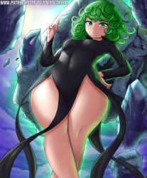 Rule 34 | 1girl, black dress, blush, breasts, covered erect nipples, curly hair, dress, green eyes, green hair, highres, impossible clothes, impossible dress, looking at viewer, no panties, one-punch man, pelvic curtain, shiny skin, short hair, solo, tatsumaki, thighs, twistedscarlett60