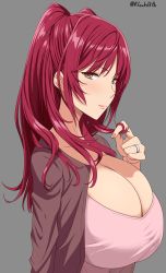 Rule 34 | 1girl, black background, blush, breasts, brown eyes, bursting breasts, cleavage, from side, twirling hair, highres, huge breasts, jacket, jewelry, kloah, kousaka tamaki, long hair, looking at viewer, red hair, ring, shirt, simple background, smile, solo, to heart (series), to heart 2, twintails, twitter username, upper body, wedding band