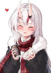 Rule 34 | 1girl, :d, blush, can, canned coffee, casual, closed eyes, drink can, grey hair, heart, highres, holding, holding can, hololive, horns, jacket, long hair, long sleeves, multicolored hair, nail polish, nakiri ayame, open mouth, red hair, red nails, scarf, scarlet (wv0102), simple background, skin-covered horns, smile, solo, streaked hair, upper body, virtual youtuber, white background