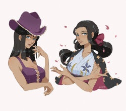 Rule 34 | 1girl, black hair, blue eyes, blunt ends, commentary, crossed arms, eiriseth, english commentary, eyelashes, floating hair, floral print, hair ribbon, haori, hat, japanese clothes, kimono, light smile, long hair, looking at viewer, looking to the side, medium hair, multiple views, nico robin, official alternate costume, one piece, petals, pink lips, ponytail, purple headwear, purple ribbon, purple shirt, ribbon, shirt, sidelocks, simple background, sleeveless, sleeveless kimono, sleeveless shirt, upper body, white background