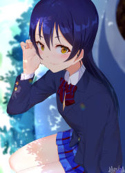 Rule 34 | 10s, 1girl, artist name, birthday, blazer, blue hair, bow, bowtie, tucking hair, happy birthday, jacket, long hair, long sleeves, love live!, love live! school idol project, marshall (wahooo), miniskirt, red bow, red bowtie, school uniform, shade, sitting, skirt, smile, solo, sonoda umi, striped bow, striped bowtie, striped clothes, striped neckwear, yellow eyes
