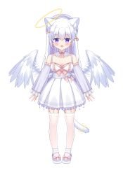 Rule 34 | 1girl, :d, absurdres, angel, angel wings, animal ear fluff, animal ears, bell, beret, blush, braid, breasts, cat ears, cat girl, cat tail, cleavage, commentary request, detached sleeves, dress, feathered wings, frilled sleeves, frills, full body, hair bell, hair between eyes, hair ornament, halo, hat, highres, jingle bell, liang feng qui ye, long hair, long sleeves, looking at viewer, medium breasts, multicolored hair, open mouth, original, pink hair, pleated dress, purple eyes, purple footwear, purple hat, purple sleeves, shoes, silver hair, simple background, sleeveless, sleeveless dress, sleeves past wrists, smile, solo, standing, streaked hair, tail, thighhighs, very long hair, white background, white dress, white thighhighs, white wings, wings
