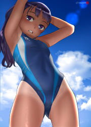 Rule 34 | 1girl, armpits, arms up, blue sky, breasts, cloud, commentary request, competition swimsuit, covered navel, cowboy shot, gluteal fold, groin, highres, long hair, looking at viewer, mu-pyon, one-piece swimsuit, one-piece tan, open mouth, original, outdoors, purple eyes, purple hair, sky, small breasts, solo, swimsuit, tan, tanline