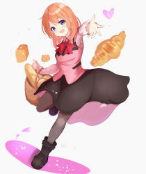Rule 34 | 1girl, :d, absurdres, baguette, basket, black footwear, black pantyhose, black skirt, blush, bow, bowtie, bread, brown hair, collared shirt, croissant, fleina note, food, full body, gochuumon wa usagi desu ka?, hair between eyes, heart, highres, holding, holding basket, hoto cocoa, long hair, medium skirt, open mouth, outstretched arm, pantyhose, pink vest, purple eyes, rabbit house uniform, red bow, red bowtie, shirt, skirt, smile, solo, standing, standing on one leg, straight hair, vest, white shirt, wing collar