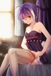 Rule 34 | 1girl, adjusting clothes, adjusting legwear, armpits, bare shoulders, blush, curtains, dress, frilled skirt, frills, glasses, gradient hair, holding, l red sun, lowres, multicolored hair, open mouth, purple hair, red eyes, reum, scar, short hair, sitting, skirt, smile, solo, sparkle, star (symbol), strapless, strapless dress, sword girls, thighhighs, white hair, window