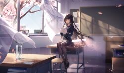 Rule 34 | 1girl, black footwear, black hair, black pantyhose, black sailor collar, black serafuku, black skirt, book, chalkboard, cherry blossoms, chinese commentary, classroom, commission, curtains, day, desk, highres, holding, holding paper, indoors, light rays, loafers, long hair, long sleeves, on desk, original, pantyhose, paper, parted lips, petals, plant, pleated skirt, red eyes, sailor collar, school desk, school uniform, serafuku, shoes, sitting, on desk, skirt, solo, stool, tree, vase, watermark, wind, window, zirancike