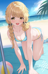 1girl all_fours ball beach beachball bikini blonde_hair blue_bikini blue_sky braid breasts cleavage cloud commentary_request day fujita_kotone gakuen_idolmaster hair_ribbon highres horizon idolmaster long_hair looking_at_viewer low_twin_braids melvis ocean outdoors ribbon side-tie_bikini_bottom sky small_breasts smile solo swimsuit twin_braids yellow_eyes