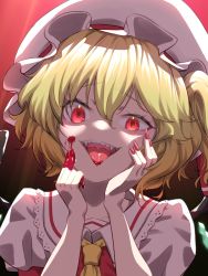 Rule 34 | 1girl, ascot, blonde hair, blood, blood on face, blood on hands, collarbone, fangs, fingernails, flandre scarlet, girouette00, gradient background, hair between eyes, hat, hat ribbon, looking at viewer, medium hair, mob cap, nail polish, open mouth, puffy short sleeves, puffy sleeves, red background, red eyes, red nails, red ribbon, red vest, ribbon, sharp fingernails, sharp teeth, shirt, short sleeves, side ponytail, simple background, solo, teeth, touhou, upper body, upper teeth only, vest, white hat, white shirt, yellow ascot