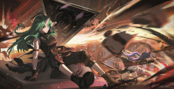 Rule 34 | 2girls, arknights, arm scarf, armor, black footwear, black gloves, black jacket, black pants, black shirt, black shorts, blue hair, boots, breastplate, car, ch&#039;en (arknights), closed mouth, commentary, cross-laced footwear, dragon horns, gloves, green hair, highres, holding, holding shield, holding sword, holding weapon, horns, hoshiguma (arknights), jacket, long hair, motor vehicle, multiple girls, pants, shield, shirt, short shorts, shorts, single horn, skin-covered horns, sleeveless, sleeveless shirt, sword, ttk (kirinottk), weapon, white shirt, yellow eyes
