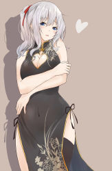 Rule 34 | 1girl, absurdres, alternate costume, black dress, black legwear, blue eyes, breasts, brown background, china dress, chinese clothes, cleavage cutout, clothing cutout, commentary request, dress, hair between eyes, heart, heart-shaped pupils, highres, kantai collection, kashima (kancolle), large breasts, long hair, no headwear, no headwear, open mouth, saku (kudrove), shadow, silver hair, simple background, solo, symbol-shaped pupils, two side up